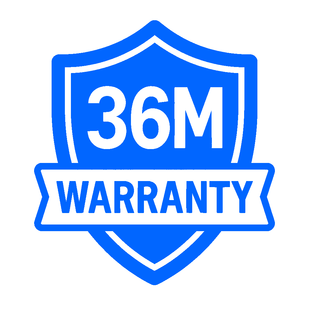 Blue shield-shaped badge with white border reading '36M WARRANTY'