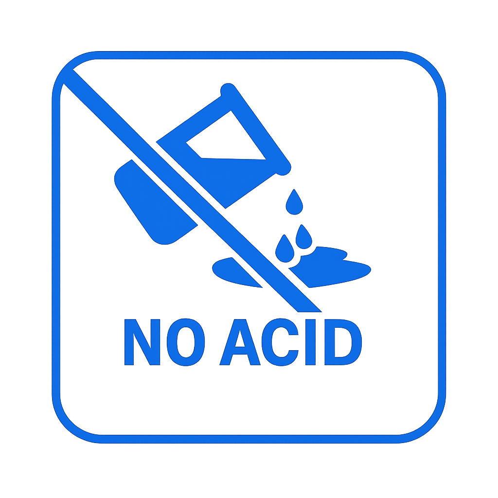 No acid sign: a crossed-out bottle pouring liquid droplets, indicating acid is not allowed.