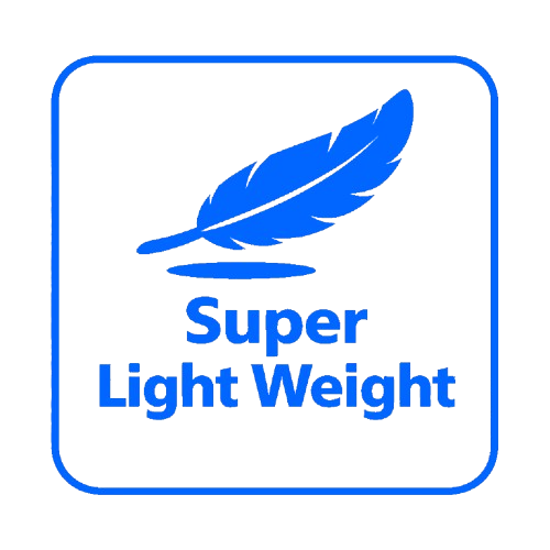 Blue rounded-square logo featuring a feather and the text 'Super Light Weight' in blue.