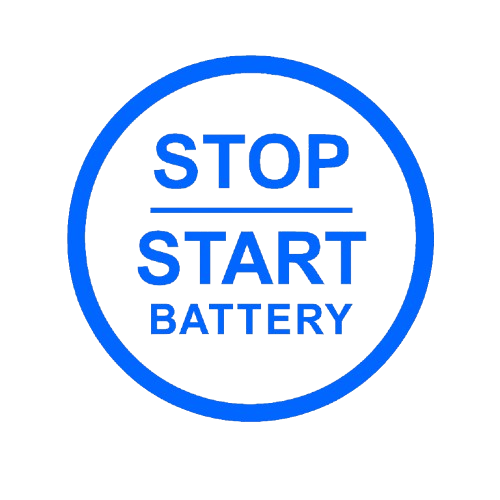 Blue circular badge reading STOP START BATTERY
